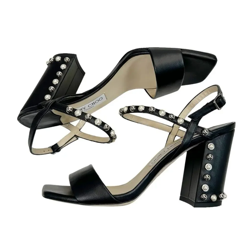 JIMMY CHOO Aadra 85 Nappa Leather Pearl Studded Sandals